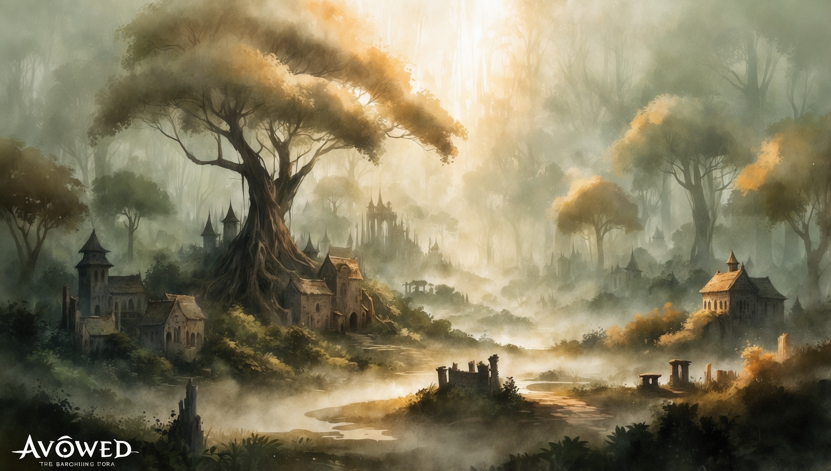 A sprawling, misty forest landscape inspired by the upcoming RPG game Avowed, set in the fantasy world of Eora, with a warm, golden light filtering through the trees, casting long shadows on the forest floor, where various medieval-style buildings and ruins are scattered, with hints of ancient magic and mysterious artifacts hidden among the foliage, depicted in a stylized, dreamlike watercolor style with soft, blended brushstrokes, earthy tones of green, brown, and beige, and subtle, shimmering highlights that evoke a sense of wonder and discovery.