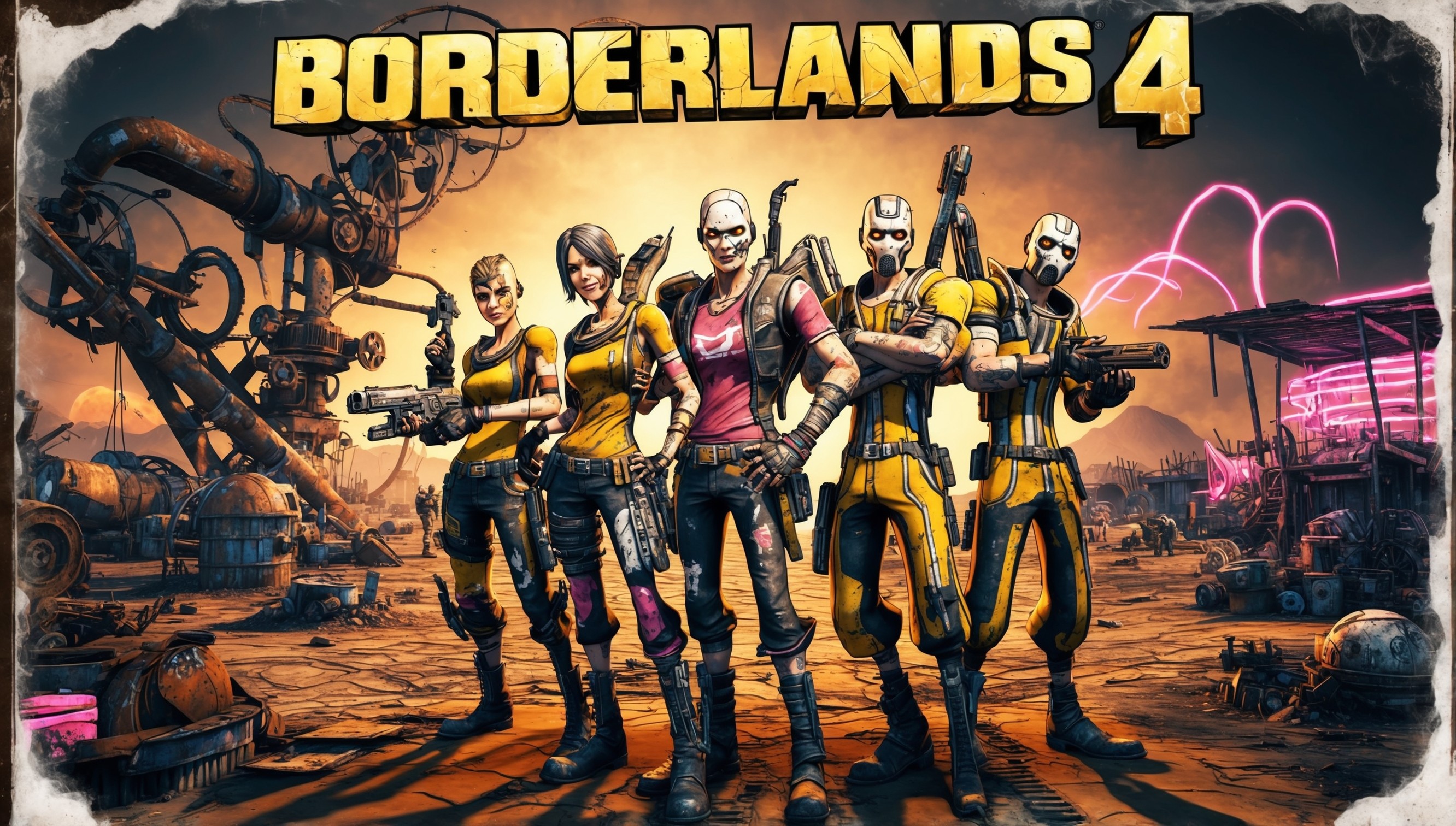 A dramatic, high-energy illustration of the fictional world of Borderlands 4, depicting a gritty, post-apocalyptic desert landscape with worn, rusty machinery, makeshift shelters, and eerie, flickering neon lights. In the foreground, a group of four unique, battle-hardened Vault Hunters stand back-to-back, each with distinct, exaggerated facial features, weathered skin, and a mix of makeshift, scavenged armor and high-tech weaponry. The color palette is vibrant, with shades of orange, yellow, and pink contrasting against the dark, gritty textures. The overall style blends cel-shaded graphics with a comic book-inspired aesthetic, emphasizing bold lines, dynamic poses, and intense action. The image is framed by a subtle, worn border, resembling a distressed, aged photograph, with the game's title 