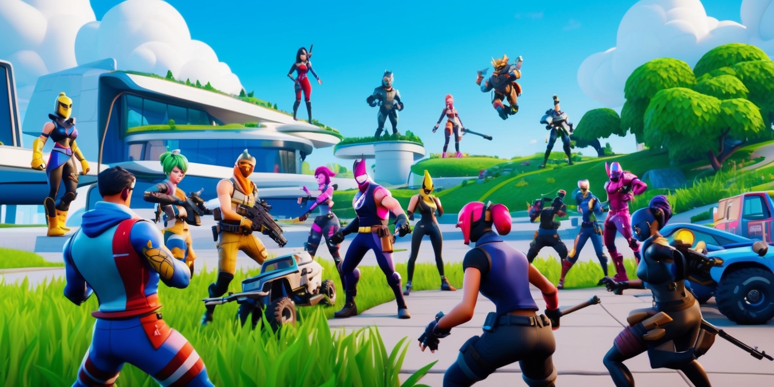 A vibrant and dynamic digital artwork depicting a scene from the popular video game Fortnite, featuring a variety of colorful characters, known as skins, with unique outfits and accessories, set against a backdrop of a futuristic landscape with sleek buildings and lush greenery, with a bright blue sky and fluffy white clouds, and in the foreground, a few characters are engaged in an intense battle, with weapons and vehicles scattered around, and the overall style is reminiscent of a comic book or cartoon, with bold lines, bright colors, and exaggerated character features, and the atmosphere is energetic and action-packed, with a sense of excitement and adventure.