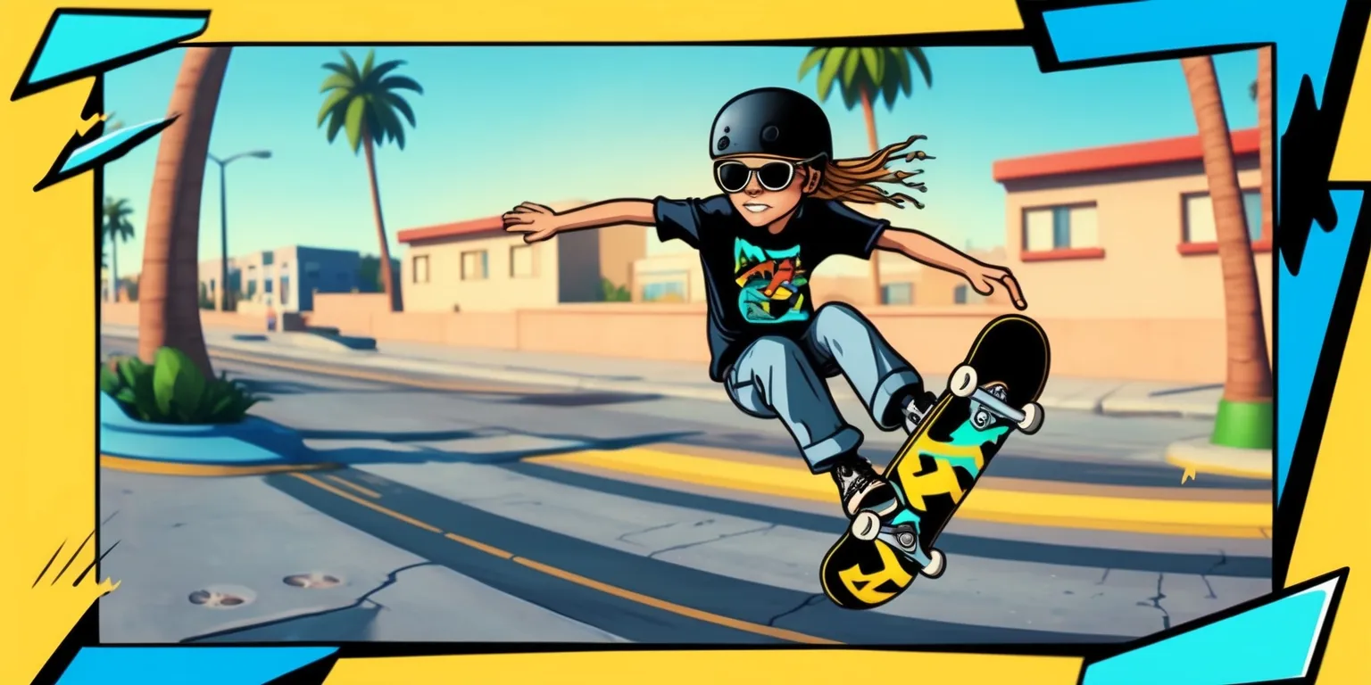 A vibrant and dynamic illustration of a scene from the Skate Story game, with a young skateboarder in mid-air, performing a trick, set against a warm and sunny urban landscape with concrete streets, buildings, and palm trees, the skateboarder has a determined expression on their face, with a few loose strands of hair flowing in the wind, wearing a pair of trendy sunglasses, a black helmet, and a pair of worn-out sneakers, the skateboard is designed with bold colors and eye-catching graphics, the overall style of the image is a mix of realism and cartoonish elements, with bold lines, and a focus on capturing the thrill and excitement of the game, the color palette is bright and lively, with shades of blue, green, and yellow, and the composition is framed in a way that conveys a sense of movement and energy.