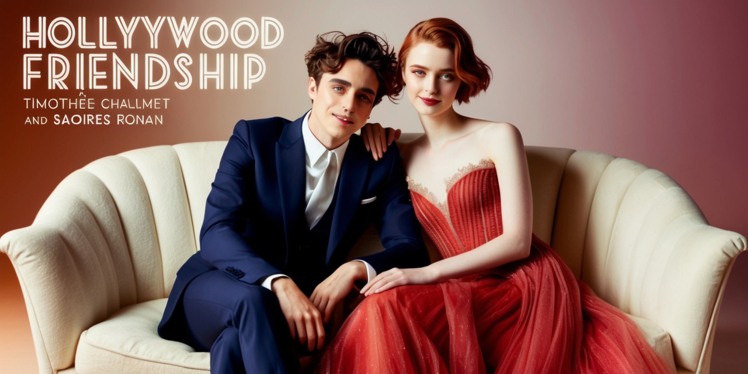 A warm and inviting editorial photograph featuring Timothée Chalamet and Saoirse Ronan, two of Hollywood's most talented young stars, lounging together on a plush, creamy-white sofa, surrounded by soft, golden lighting, with a subtle, gradient-like background that shifts from pale peach to mauve, evoking the glamour of old Hollywood. Timothée, dressed in a sleek, navy-blue suit with a crisp, white shirt and a slim, silver tie, has a relaxed, effortless air about him, with a gentle, knowing smile playing on his lips, his piercing, blue-green eyes sparkling with amusement, and his signature, messy, chestnut-brown hair perfectly imperfect. Saoirse, radiant in a flowing, scarlet-red gown with delicate, lace trim and a subtle, shimmering sheen, sits beside him, her porcelain, heart-shaped face aglow with a warm, golden light, her emerald-green eyes shining bright, and her auburn, shoulder-length hair styled in loose, effortless waves. The headline Hollywood Friendship is emblazoned across the top of the image in bold, Art Deco-inspired, gold lettering, with the subtitle Timothée Chalamet and Saoirse Ronan written in smaller, curved, silver script below.