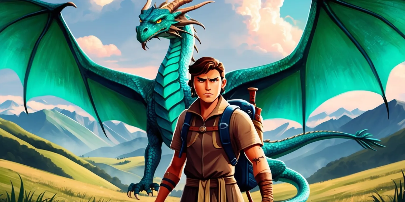 A fantasy-themed digital illustration of a traveler standing in front of a massive dragon, with the dragon's scales glistening in shades of emerald green and sapphire blue, set against a backdrop of rolling hills and majestic mountains, the traveler wearing a backpack and holding a staff, with a determined expression on their face, featuring a mix of realistic and stylized elements, with bold lines and vibrant colors, the dragon's wings spread wide, showcasing its immense power and grandeur, the traveler's facial features defined, with a strong jawline and piercing brown eyes, and a few subtle scars on their cheeks, the overall atmosphere adventurous and epic, with a sense of wonder and discovery.