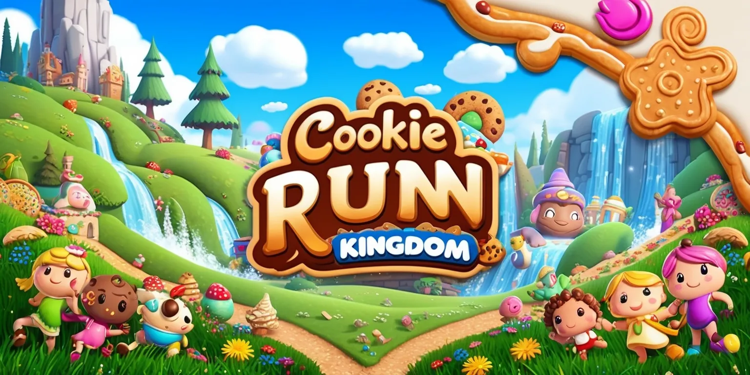 A colorful digital illustration of the Cookie Run Kingdom game, featuring a vibrant and whimsical landscape with rolling hills, towering trees, and sparkling waterfalls, set against a bright blue sky with fluffy white clouds, with a variety of beloved Cookie characters, each with unique facial features and skin colors, posed in dynamic positions, surrounded by intricate details and textures, including lush green grass, colorful flowers, and delicate pastry-inspired architecture, with the game's logo prominently displayed in a bold, curved font with a golden-brown color scheme, adorned with intricate cookie-shaped designs and swirling patterns, all carefully composed within a rectangular frame with a slight vignette effect to draw the viewer's attention to the heart of the scene.