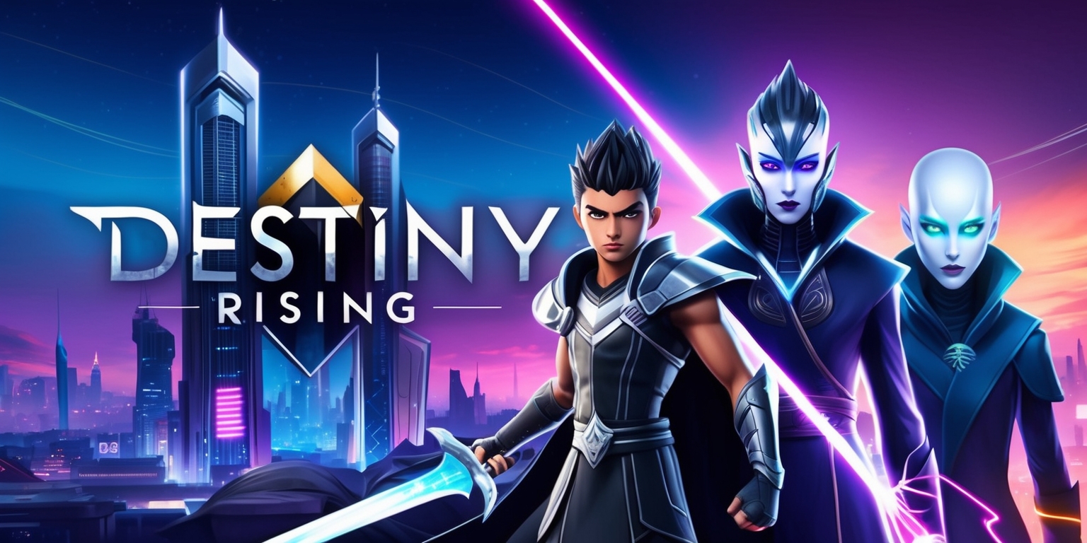 A vibrant and dynamic illustration of the Destiny Rising mobile game, featuring a futuristic cityscape with sleek skyscrapers and neon lights, set against a deep blue and purple night sky with subtle hints of pink and orange, the game's logo prominently displayed in bold, metallic silver letters with a stylized, cursive font, surrounded by characters from the game, including a young warrior with short, spiky hair and piercing blue eyes, wearing a sleek black and silver costume, standing heroically with a glowing sword in hand, alongside a mysterious, masked figure with pale skin and piercing green eyes, clad in a dark, high-collared coat, with a subtle, glowing aura emanating from their body, all elements blending together in a stunning, high-energy visual representation of the game's themes and characters.