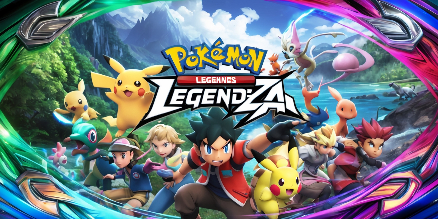 A vibrant, action-packed scene from the Pokémon Legends: Z-A game, featuring a diverse range of Pokémon and their trainers in a dynamic, fantastical environment, with intricate details on the characters' facial features, skin tones, and unique attributes, set against a stunning, colorful backdrop with a mix of lush green forests, towering mountains, and serene water bodies, incorporating the distinctive logos and typography of the Pokémon franchise in a bold, modern style, with the game's title Pokémon Legends: Z-A prominently displayed in a futuristic, metallic font, surrounded by vivid, swirling patterns and textures that evoke a sense of adventure and excitement.