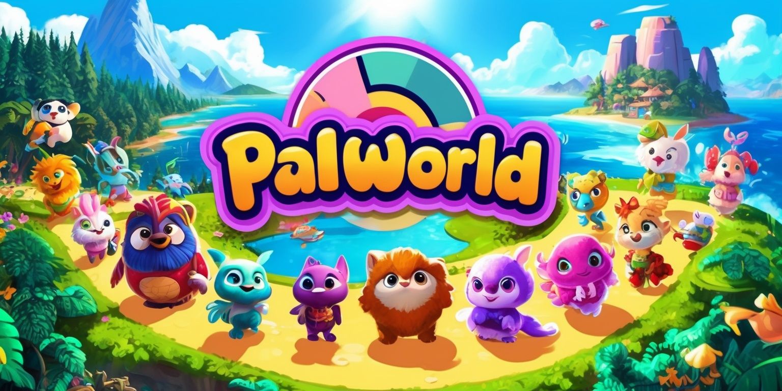 A vibrant and colorful digital illustration of the Palworld game, featuring a variety of adorable and fantastical Pals set against a bright and sunny backdrop with lush green forests, towering mountains, and sprawling oceans, with the Pals showcasing their unique attributes and abilities, and the game's logo prominently displayed in a bold, playful font with a mix of pastel colors, the overall scene is filled with a sense of wonder and adventure, capturing the game's essence and charm, with the Pals and environment intricately detailed and textured, highlighting the game's distinctive art style and imaginative world.