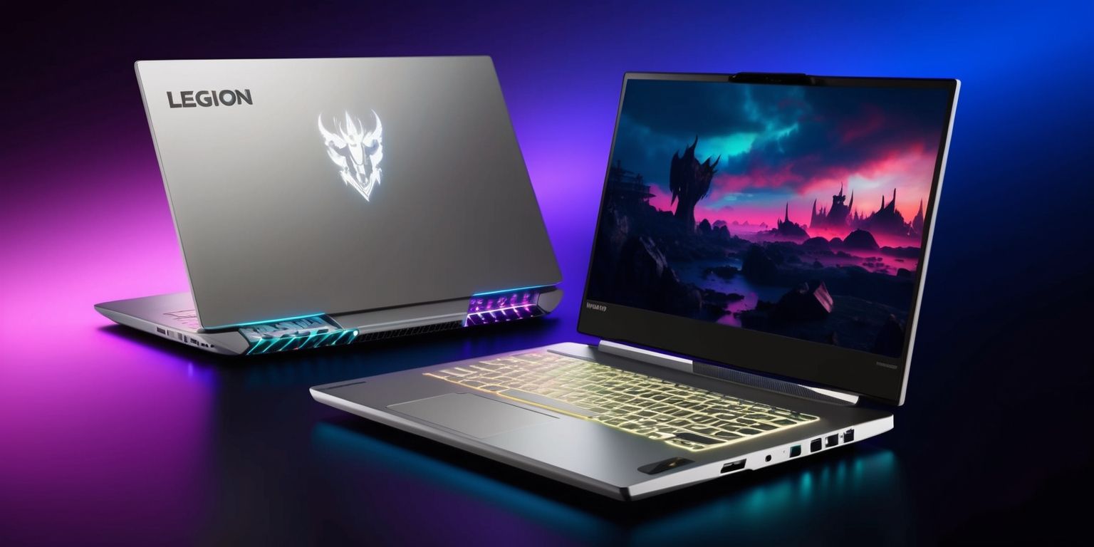 Lenovo Legion 7i Gen 10 gaming laptop with a sleek, metallic silver body and a illuminated Legion logo on the lid, set against a dark, gradient background that transitions from deep blues to purples, with the laptop's screen displaying a vibrant, high-contrast image of a fantasy landscape at dusk, and the keyboard and touchpad illuminated with a soft, RGB glow, highlighting the laptop's premium gaming features and sophisticated design, with a few subtle, dynamic shadows and highlights to emphasize the laptop's angular, futuristic lines and premium materials.