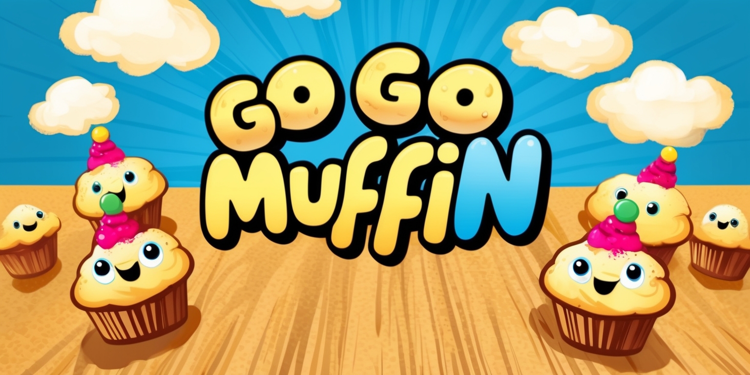 A vibrant and colorful illustration of the Go Go Muffin game, featuring a bright blue sky with fluffy white clouds, a bold and playful font with the game's logo prominently displayed, surrounded by whimsical muffin characters with big smiley faces, shiny eyes, and colorful frosting hats, set against a warm beige background with subtle textures resembling a wooden table or cardboard box, evoking a sense of nostalgia and childhood wonder, with the overall composition characterized by rounded shapes, soft lines, and a dynamic layout that conveys energy and excitement, inviting the viewer to join in on the fun.