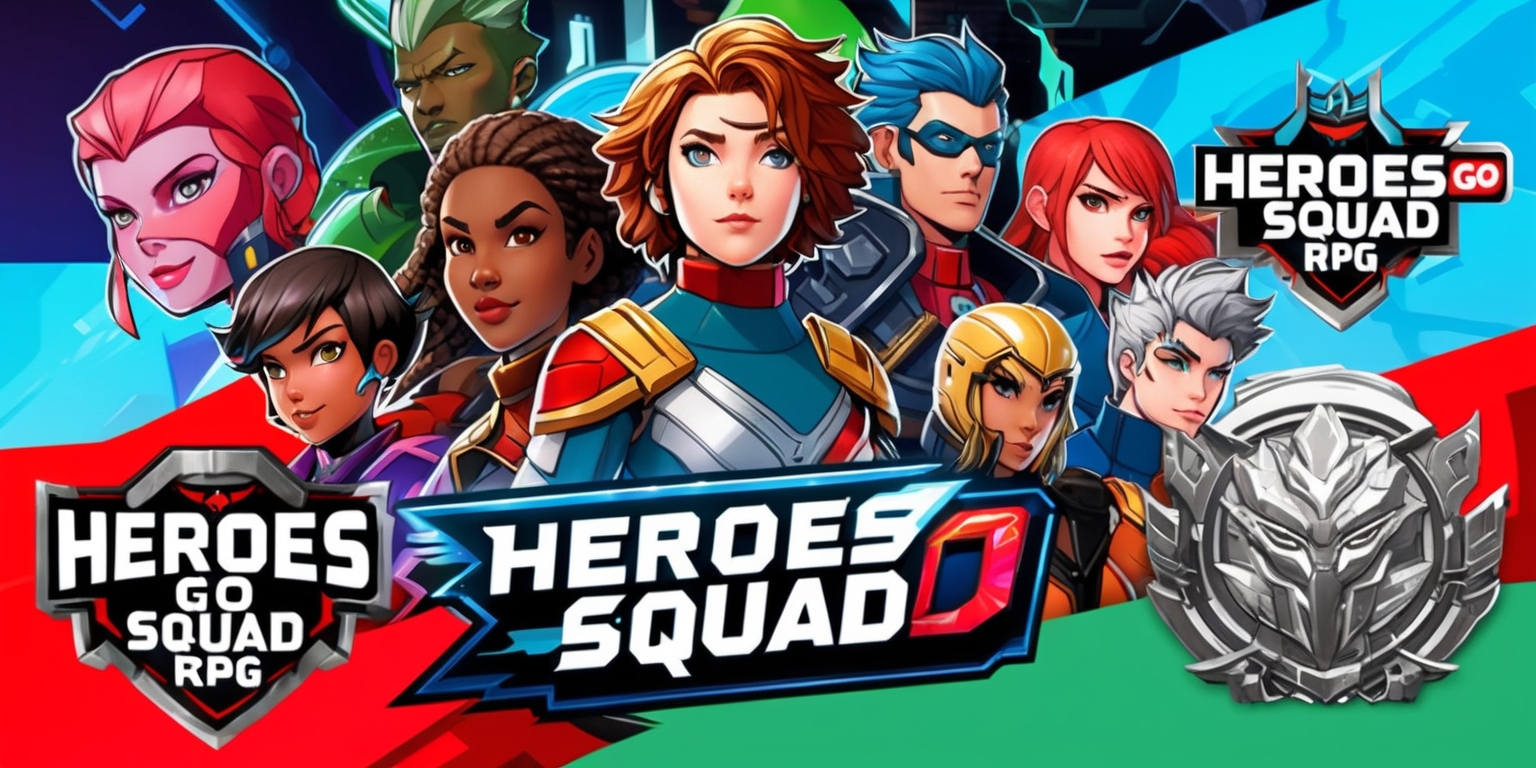 A vibrant digital illustration of a Heroes GO Squad RPG game scene, featuring a diverse group of heroes with unique facial features, skin tones, and hairstyles, set against a stylized background with a mix of futuristic and fantasy elements, incorporating a bold color palette with shades of blue, red, and green, and a dynamic layout with heroes positioned in a semi-circle, with text overlays displaying character names and abilities in a modern, sans-serif font style, and logos of the game and heroes' emblems in a metallic silver color with intricate details, all blended together to create an action-packed and immersive visual experience.