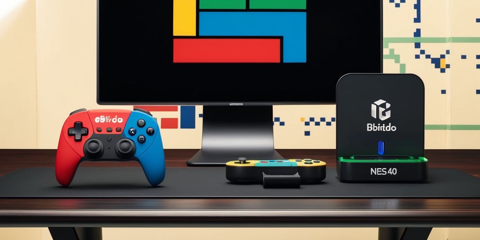A collection of 8BitDo NES40 gaming peripherals on a sleek, modern desk, with a nostalgic NES-themed backdrop, featuring a combination of retro and modern colors, including bold red, blue, yellow, and green, with a prominent 8BitDo logo in a sleek, silver font, the peripherals include a NES40 controller, a wireless receiver, and a charging dock, all with a matte finish and subtle NES-inspired design elements, the desk is made of a dark wood tone with a slight shine, and the background is a warm, creamy white with hints of pixel art, the overall aesthetic is a blend of retro gaming charm and modern design sensibility.