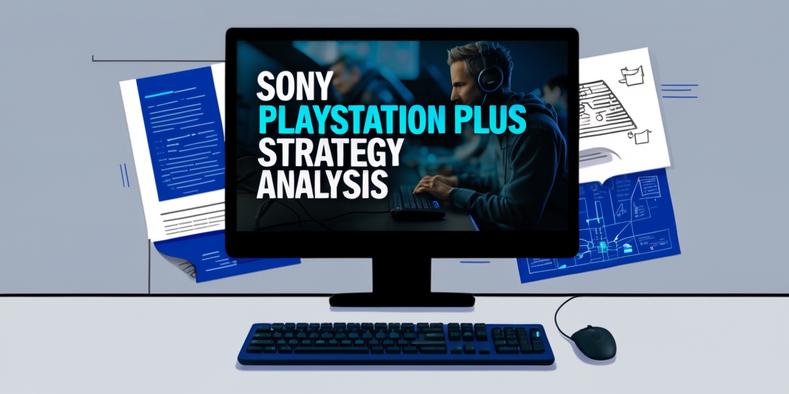 A detailed illustration of a Sony PlayStation Plus strategy analysis article on a computer screen with a sleek black keyboard and mouse in the foreground, the article's title in bold Arial font with the words Sony PlayStation Plus in metallic blue and strategy analysis in bright white, the background of the computer screen displays a blurred image of a gamer in mid-play with a focused expression, surrounded by notes and diagrams analyzing the gaming industry, the color scheme is predominantly dark blue and gray with accents of bright white and metallic blue, the overall style is modern and minimalist with clean lines and precise typography.