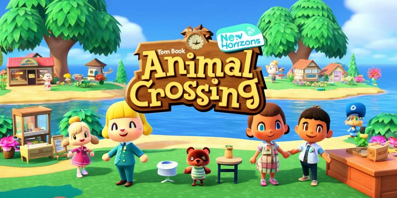 A colorful digital illustration of the Animal Crossing: New Horizons game, featuring a serene island landscape with lush green trees, vibrant flowers, and a clear blue sky, with Tom Nook's store and various character homes in the background, and a few characters such as Tom Nook, Isabelle, and K.K. Slider in the foreground, with detailed facial features and unique attributes, set against a warm and inviting atmosphere, with the game's logo prominently displayed in a bold, white, and rounded font, and a few items and furniture from the game scattered around the scene, showcasing the game's whimsical and idyllic virtual world.