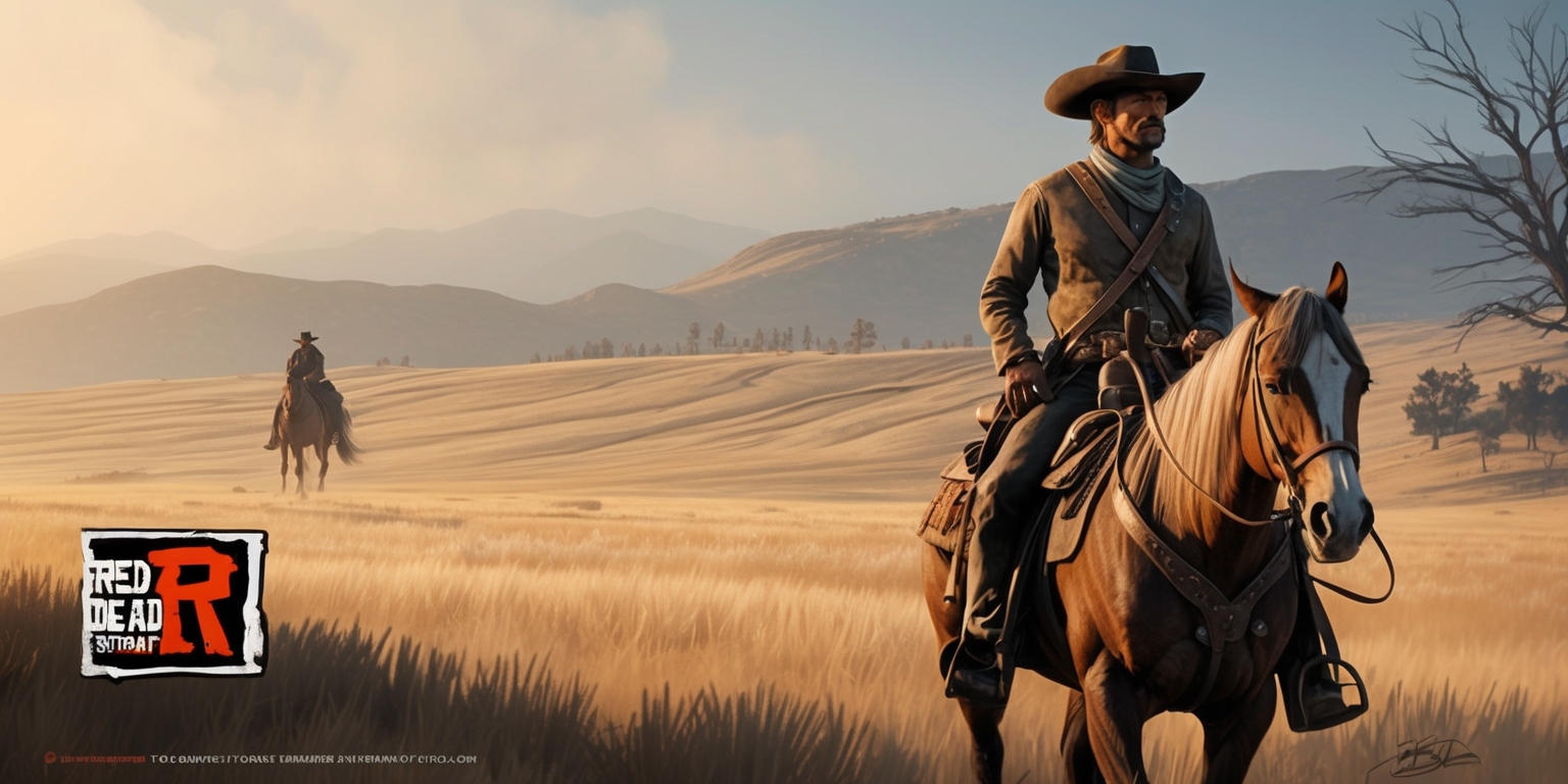 A serene and dramatic scene depicting the vast open plains of the American West, set during the late 1800s, inspired by the Red Dead Redemption 2 game, with a warm and golden hour sunlight casting a long shadow across the landscape, featuring Arthur Morgan, the game's protagonist, in the distance, riding his horse, with a worn leather saddle and a rifle holstered on his back, wearing a wide-brimmed hat, a lengthy coat, and a bandana covering his face, with a subtle hint of ruggedness and weariness on his weathered skin, set against a backdrop of rolling hills, sparse trees, and a subtle misty atmosphere, with the game's iconic logo, a stylized letter R with a horseshoe motif, subtly integrated into the scenery, perhaps on a worn wooden sign or a tattered piece of fabric, in a stunningly realistic and highly detailed illustration, blending traditional and digital media, with bold brushstrokes, and a mix of earthy tones, including shades of brown, beige, and blue, evoking a sense of grit, nostalgia, and adventure.