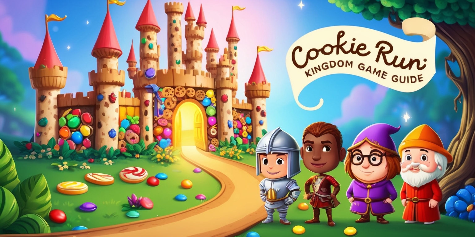 A whimsical illustration of a fantasy kingdom, inspired by the Cookie Run: Kingdom game, featuring a majestic castle made of cookies, candies, and colorful sweets, surrounded by lush greenery and vibrant flowers, with a winding road leading to the entrance, where a warm light spills out, inviting adventurers to come and explore, with a few cookie characters, each uniquely designed with distinct facial features, skin tone, and accessories, such as a brave knight with a golden helmet, a mischievous thief with a sly grin, and a wise wizard with spectacles, standing together, looking out at the viewer, with a few subtle sparkles and glints to suggest magic and wonder, and a delicate, cursive font title Cookie Run: Kingdom Game Guide in a soft, creamy color, curved around the top of the image, blending seamlessly into the whimsical scenery.