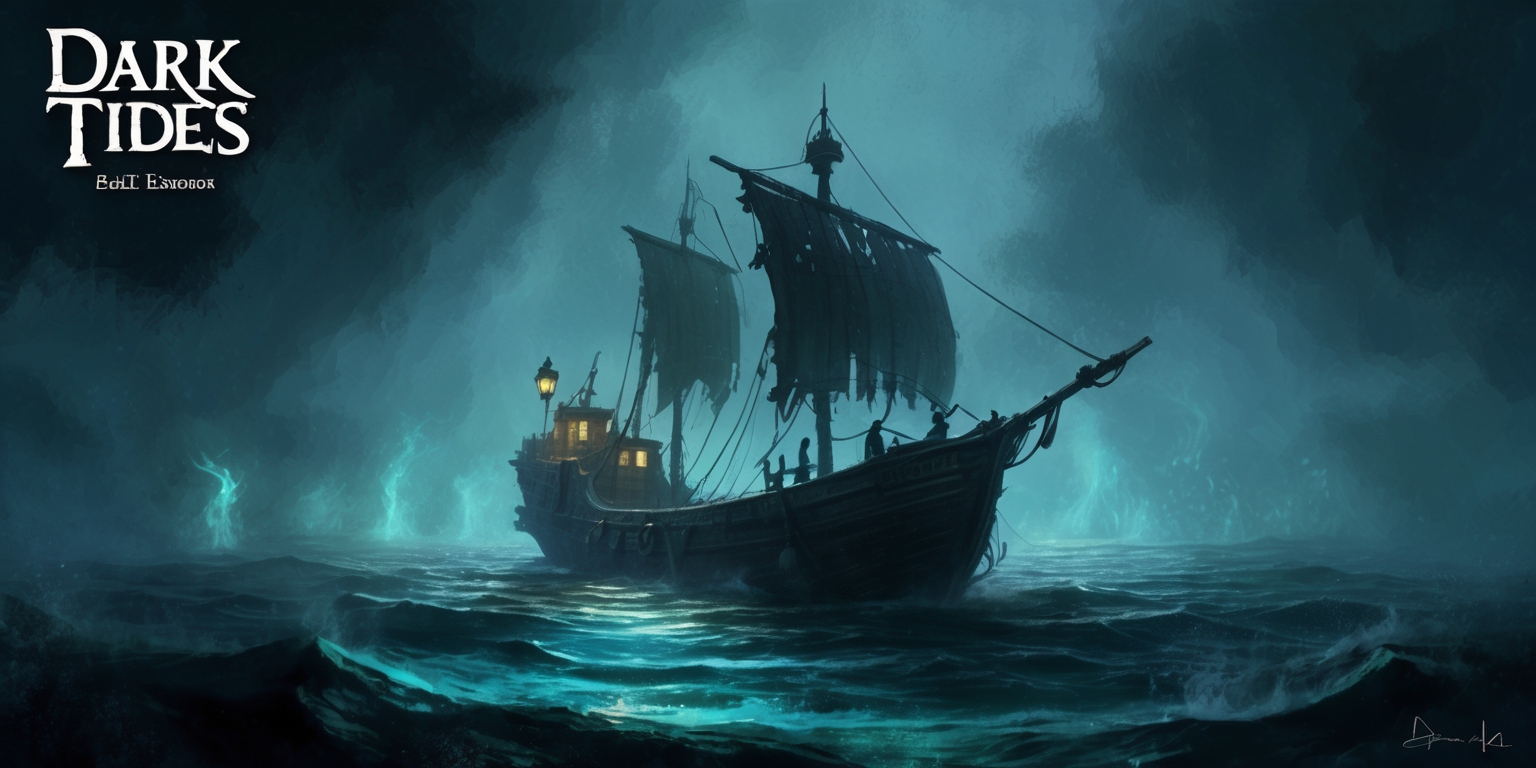 A hauntingly beautiful, atmospheric illustration for the Dark Tides game, showcasing a lone, weathered vessel adrift in a dense, misty sea, illuminated only by the faint, eerie glow of lanterns or luminescent sea creatures, with the surrounding fog swirling around it like a living entity, hinting at the supernatural mysteries and cosmic enigmas that lie beneath the surface, the atmosphere tense with anticipation and foreboding, the color palette a muted blend of dark blues and grays, with hints of bioluminescent greens and blues, evoking a sense of otherworldly presence, the overall composition moody, mystical, and oppressive, with bold, expressive brushstrokes and textures that evoke the rough, salty sea air and the creaking of wooden hulls, inviting the viewer to step into the mysterious world of Dark Tides.