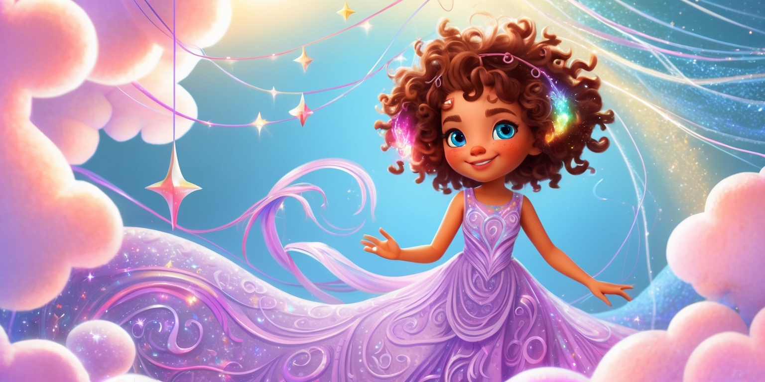 A vibrant and whimsical digital illustration of Nikki, the protagonist from the Infinity Nikki game, standing in a fantastical dreamlike environment, surrounded by swirling clouds, shimmering stars, and delicate, glowing threads that represent the infinite possibilities of her imagination. Nikki's skin has a warm, golden undertone, and her bright blue eyes sparkle with curiosity. Her wild, curly brown hair is adorned with tiny, glittering accessories that reflect the colors of the rainbow. She wears a flowing, lavender-hued dress with intricate, swirling patterns that evoke a sense of wonder and magic. The background is a soft, gradient blue, transitioning to a deep indigo towards the edges, with subtle, shimmering textures that evoke a sense of depth and dimensionality. The overall style is playful, romantic, and fantastical, with bold lines, delicate textures, and a mix of soft, pastel colors and vibrant, jewel-toned accents.