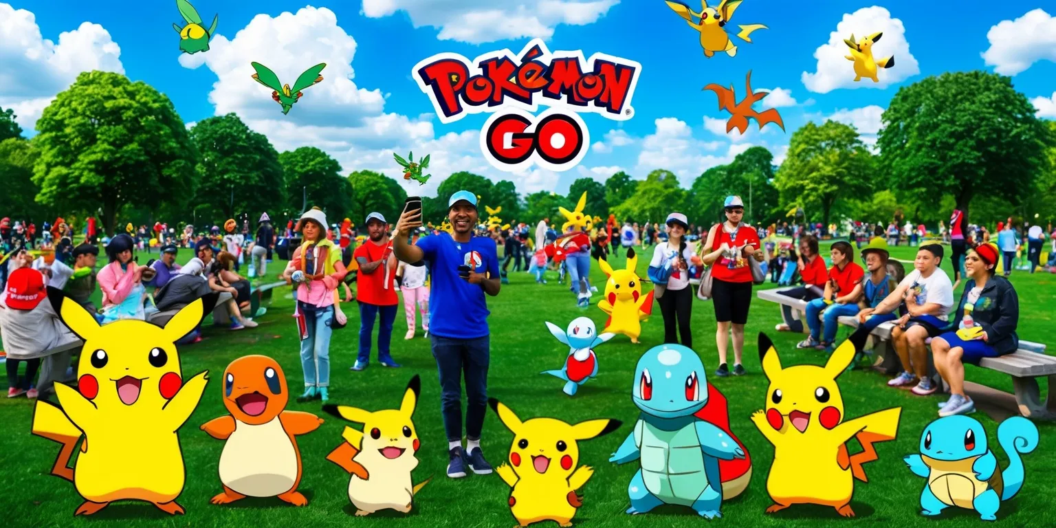 A vibrant and lively scene of people from diverse age groups and ethnicities gathered in a large public park for a Pokémon Go event, with some individuals holding smartphones and wearing Pokémon-themed accessories, set against a clear blue sky with fluffy white clouds and lush green trees, featuring various Pokémon characters from the game scattered throughout the area, including Pikachu, Charizard, and Squirtle, with a few participants wearing colorful costumes and hats, and a large banner in the background displaying the Pokémon Go logo in bold red and white letters, while others are sitting on benches or walking around with excitement and enthusiasm, capturing the joy and excitement of the event.