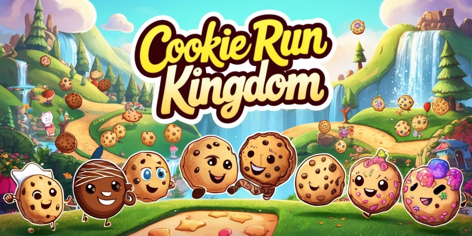 A vibrant and colorful digital illustration of the Cookie Run Kingdom game, featuring a variety of cookies, each with unique facial features and accessories, set against a whimsical fantasy landscape with rolling hills, towering trees, and sparkling waterfalls, with the game's logo prominently displayed in bold, cursive font with bright, pastel colors, and the cookies engaged in various activities such as baking, fighting, and exploring, with intricate details and textures, and a sense of movement and energy, capturing the game's playful and adventurous spirit, with warm golden lighting and soft, white clouds in the background, and the overall composition balanced and harmonious, with a mix of bold lines and delicate patterns.