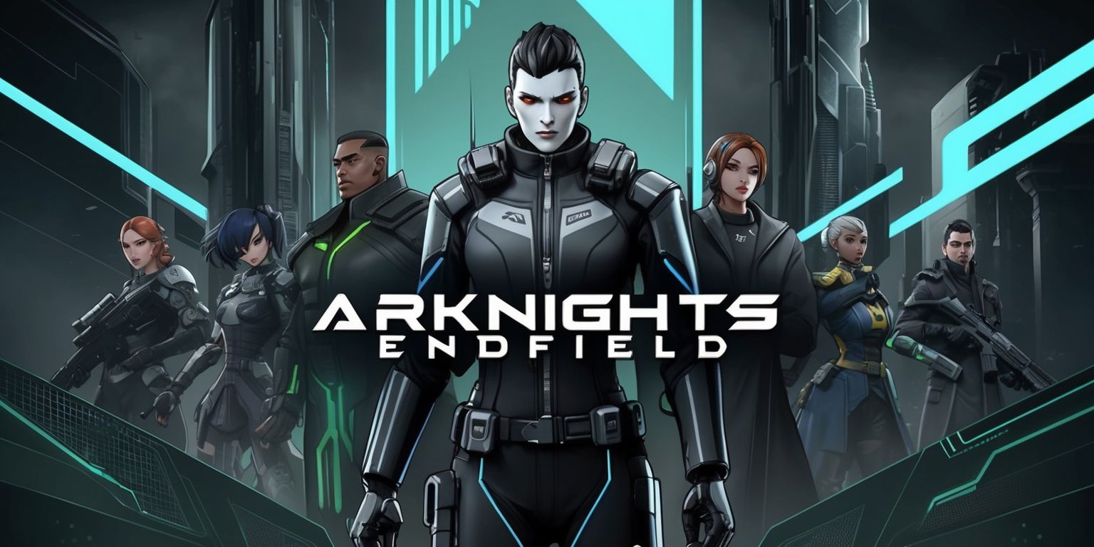 A futuristic sci-fi themed illustration of the strategic mobile game Arknights Endfield, featuring a dark muted color palette with accents of neon blue and green, set against a gritty urban backdrop with sleek skyscrapers and advanced technology, incorporating bold lines and sharp geometric shapes, with a large central figure of a skilled operator dressed in a black and grey tactical suit, having a determined expression on their face with sharp facial features and pale skin, surrounded by various allies and foes from the game, including characters with distinct hairstyles and outfits, with the game's logo prominently displayed in a modern sans-serif font with a metallic finish, and subtle grid lines and interface elements in the background to evoke the game's tactical feel.