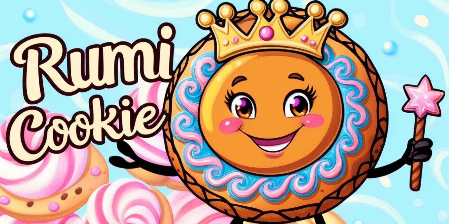Rumi Cookie game character, a vibrant and colorful digital illustration of a cartoon cookie with a cheerful smile and bright, shimmering eyes, wearing a golden crown and holding a sparkling cookie wand, set against a soft, pastel blue background with swirling patterns of sweet treats, the character's skin is a warm, golden brown and its cookie body is adorned with intricate, swirling designs in shades of pink, blue, and yellow, with bold, black outlines and delicate, cursive text overlay reading Rumi Cookie in a curly, cream-colored font.
