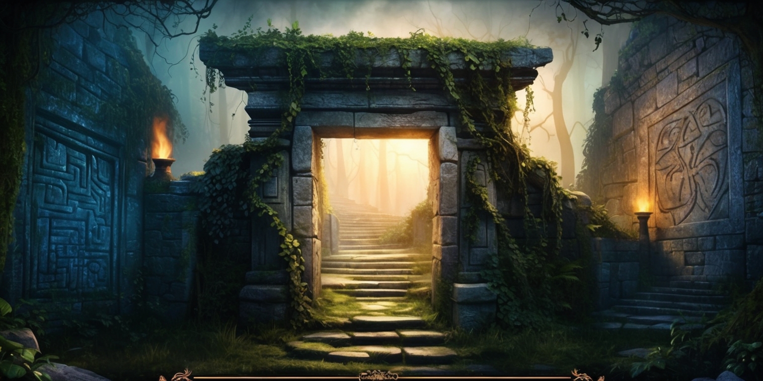 A mystical and ancient Forgotten Labyrinth game scene with a worn, stone entrance, overgrown with vines and moss, set amidst a backdrop of eerie, misty twilight, with faint, flickering torches illuminating the pathway, where intricately carved stone walls, adorned with cryptic symbols and mysterious murals, seem to whispers secrets to brave adventurers, as they cautiously navigate through the labyrinthine passages, with a mix of warm, golden light and cool, blue shadows, and an atmosphere of foreboding and wonder, inviting players to unravel the secrets and mysteries hidden within the Forgotten Labyrinth game.