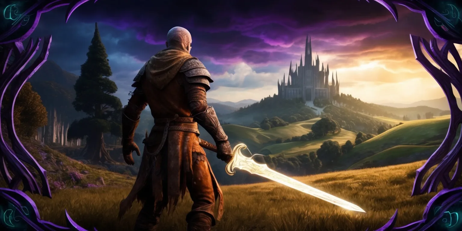 A dark fantasy scene from the Elden Ring game, featuring a majestic landscape with rolling hills, towering trees, and a mysterious, sprawling castle in the distance, set against a vibrant, ominous sky with hues of deep purple, blue, and golden orange, as a lone, armored figure with worn, weathered skin and piercing, determined eyes, adorned in tattered, earth-toned clothing and wielding a imposing, glow-emitting sword, stands heroically at the forefront, with intricate, gothic-inspired architecture and mystical, glowing runes scattered throughout the scene, blending elements of medieval and mystical styles, with a sense of foreboding and adventure, as the figure gazes out into the unknown, ready to face the challenges of the Elden Ring world.