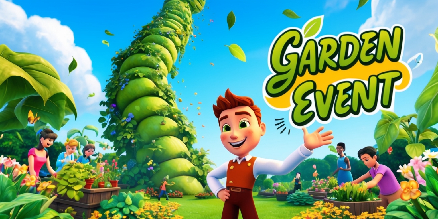 A vibrant garden scene with a massive beanstalk ascending into the clouds, surrounded by lush greenery and colorful flowers, with players' avatars tending to their plants and interacting with a charismatic guiding character, who has a bright smile and sparkling eyes, amidst dynamic visuals and evolving gameplay elements, including reward systems and interactive challenges, with a mix of individual and collaborative gameplay, featuring a variety of plant species and a timer to represent timed plant donations, set against a bright blue sky with fluffy white clouds, with bold typography and playful graphics to convey the event's name, Garden Event, in a modern, cursive font style, with the guiding character standing in front of the beanstalk, gesturing towards the players, amidst a flurry of leaves and petals.