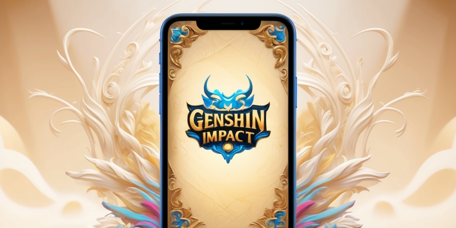 A majestic, ornate smartphone screen displaying the Genshin Impact app, with the game's iconic logo, a stylized, golden font featuring a mythical beast, situated prominently at the top center of the screen, surrounded by intricate, swirling patterns reminiscent of ancient Chinese art, on a warm, creamy background that evokes a sense of adventure and fantasy, with subtle, gradient-like shading and delicate, curved lines that evoke the game's whimsical, dreamlike quality, set against a blurred, creamy white background that suggests a sense of depth, with the phone's sleek, modern design subtly visible around the edges of the screen, showcasing the app's vibrant, electric blue and gold color scheme, with hints of pink and purple accents, and a subtle, embossed effect that gives the image a tactile, three-dimensional feel.