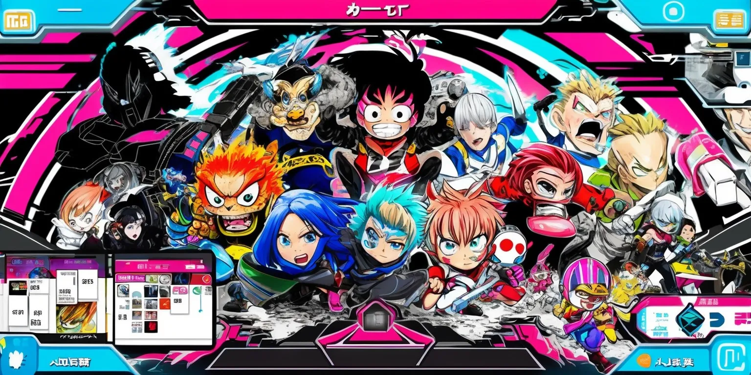 A vibrant and dynamic illustration of a manga-inspired mobile game scene, featuring a variety of colorful characters with exaggerated facial features and dramatic poses, set against a stylized background with bold lines and textures, incorporating Japanese-themed elements and futuristic accents, with a mix of digital and hand-drawn artistic styles, and a layout that simulates a mobile game interface, complete with menus, buttons, and other interactive elements, all presented in a bright and eye-catching color palette with a focus on pinks, blues, and whites.