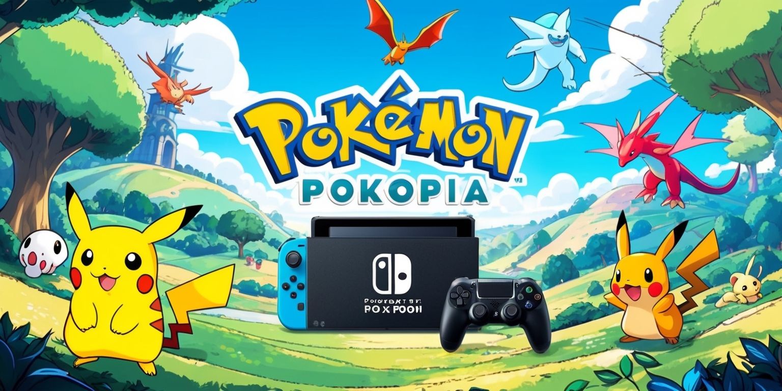 A vibrant and colorful digital illustration of the Pokémon Pokopia game, featuring a scenic landscape with rolling hills, towering trees, and a bright blue sky with fluffy white clouds, with various Pokémon characters scattered throughout the scene, including a prominent Pikachu in the foreground, a Charizard flying in the sky, and a Bulbasaur in the distance, all rendered in a stylized and fantastical art style, with bold lines, intricate details, and a mix of warm and cool colors, and in the center of the image, a sleek and modern game console with a large screen displaying the Pokémon Pokopia game logo, a stylized font with bold letters and a bright red color, surrounded by game controllers and other gaming accessories.