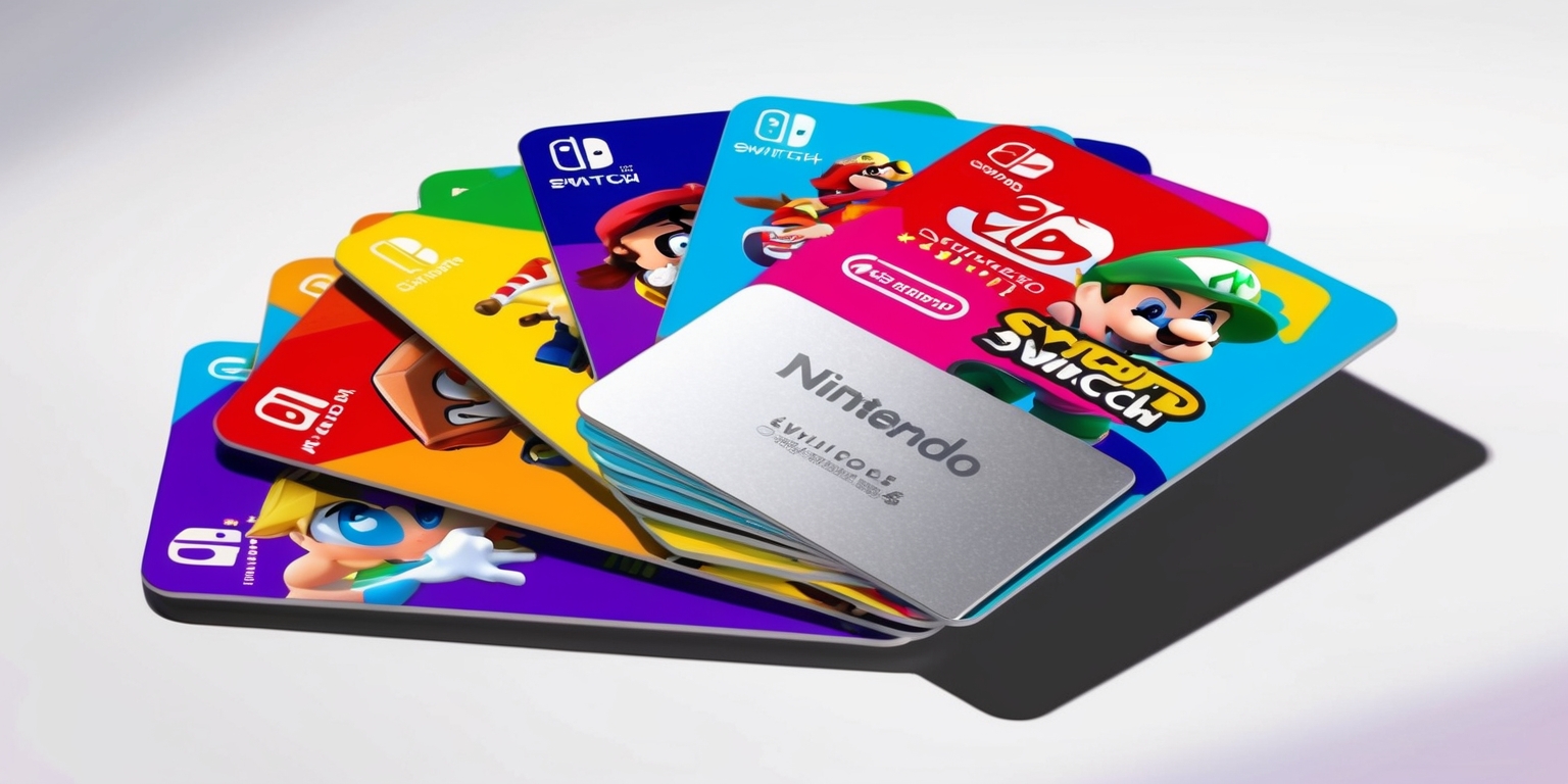 A sleek, modern illustration showcasing a stack of Nintendo Switch 2 Game-Key Cards, each featuring vibrant, colorful artwork of popular Nintendo characters, with their respective game logos and titles prominently displayed in a bold, sans-serif font. The cards are arranged in a staggered, overlapping formation, as if pulled from a deck, with the top card slightly fanned out to reveal the digital download code etched in a metallic silver foil. The background is a clean, pure white, allowing the colorful cards to take center stage. A subtle, gradient shadow effect adds depth and dimension to the illustration, giving the cards a lifelike appearance. The overall aesthetic is bright, playful, and inviting, evoking the sense of excitement and discovery that comes with exploring new games on the Nintendo Switch 2.