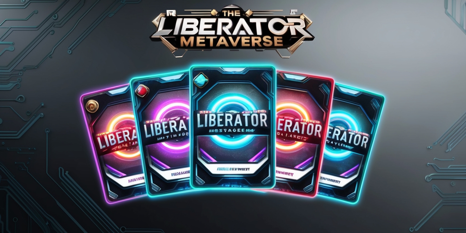 A futuristic digital collectible card game set in the Liberator Metaverse, featuring a sleek and modern design with vibrant neon colors and bold typography, the cards have a metallic finish with holographic accents, the background is a dark grey and blue ombre with subtle circuit board patterns, the game's logo is emblazoned in silver and gold at the top, with intricate details and sharp lines, the cards are arranged in a circular pattern with a subtle glow effect, the overall aesthetic is high-tech and immersive, with a focus on cutting-edge graphics and innovative design elements.