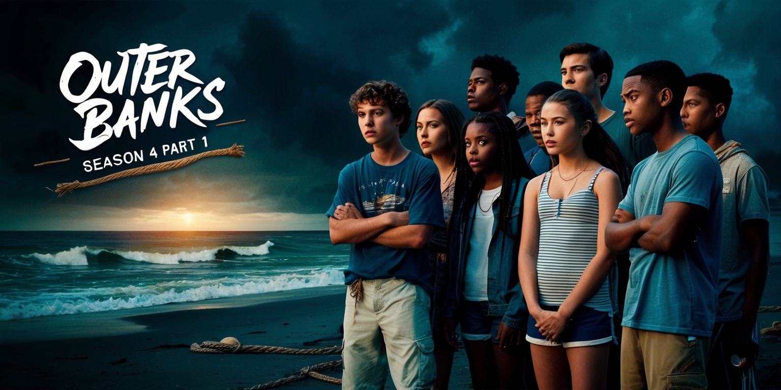 A dramatic and suspenseful poster for Outer Banks Season 4 Part 1, set against a dark and moody beach backdrop at dusk, with waves crashing against the shore in the background. In the foreground, a group of teenagers, including John B, Sarah, Kiara, JJ, and Pope, are gathered together, their faces determined and intense, with hints of worry and fear. John B's eyes are fixed intently on something in the distance, his jaw clenched in anticipation. The group is dressed in casual, summery attire, with subtle coastal touches such as shells and nautical rope accents. The title Outer Banks is emblazoned across the top in bold, cursive script, with Season 4 Part 1 written in smaller text below, both in a weathered, ocean-worn font. The dominant colors are deep blues and greens, evoking the ocean and the mysteries it holds, with flashes of warm gold and orange to hint at the danger and adventure that lies ahead.